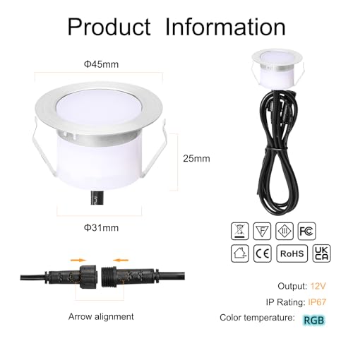 GEYUEYA Home LED Decking Lights RGB Ø45MM 12V 0.5W WiFi LED Decking Patio Lighting for Terrace Kitchen Outdoor Indoor Lamps with Remote Control - 6 Packs