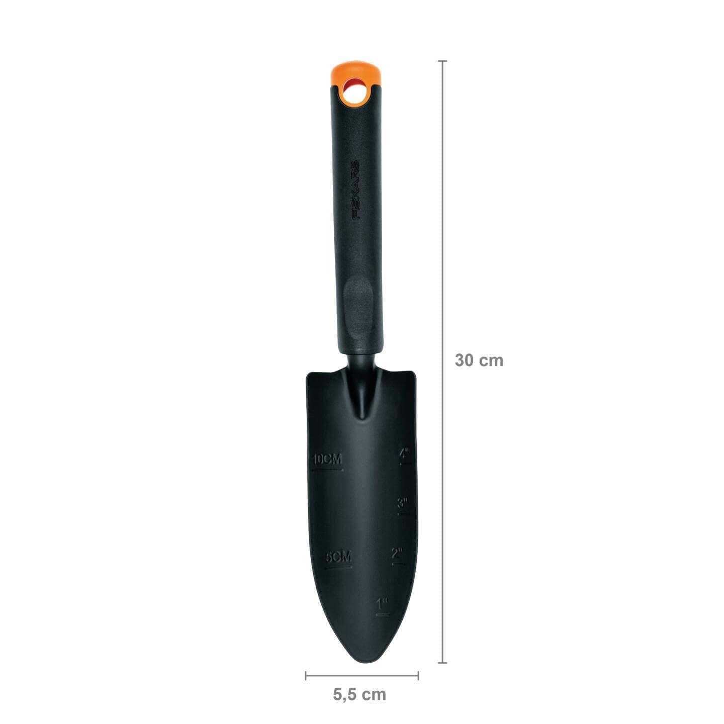 Fiskars Ergo Transplanter, Length 30cm, Rust-Resistant Steel Head/Plastic Handle, Black/Orange, 1027018