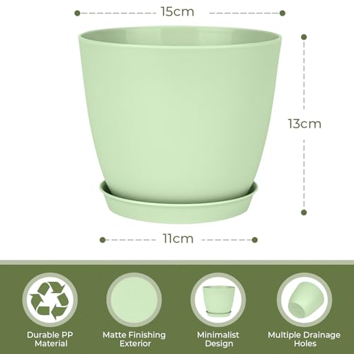 FORAGIFT 16 Pack 15cm Plastic Plant Pots for Indoor Flower Pots, Heavy Duty and Stylish Plant Pots for Indoor Plants with Drainage Holes and Tray for Plants, Flowers, Green