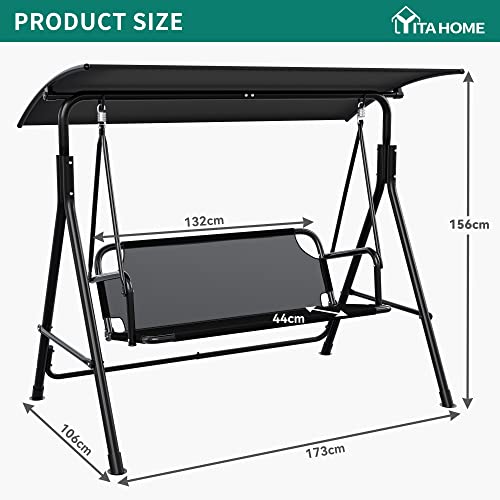 YITAHOME 3 Seater Canopy Swing Chair, Garden Swing Seat Chair, Outdoor Swinging Chair Bench with Adjustable Canopy for Patio Poolside Porch, 200KG Loadable,173 x 106 x 156cm, Black