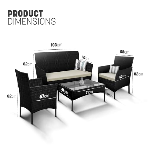 KEPLIN 4-Piece Rattan Garden Furniture Set Outdoor Lounger Sofa, Stackable Chairs & Bistro Table - UV-Resistant, Easy Storage - Patio Dining (Black)