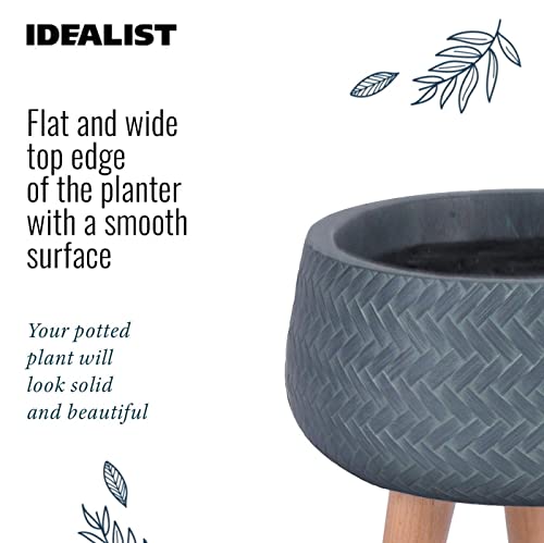 IDEALIST 11 Inch Plaited Sage Green Reinforced Stone Bowl Planter | Large Bonsai Pot on Legs | Indoor Plant Pot D28 H26 cm, 10 litres