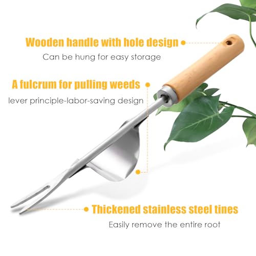 Dandelion Weed Puller With V-Shape Fork, Wood Handle Dandelion Removal Tool, Stainless Steel Hand Weed Puller Tool, Gardening Hand Tool, Manual Weed Removing Weed Remover Tool for Yard Weeding Tool