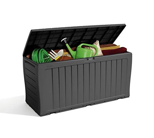 Keter Marvel- 270L Outdoor 65% recycled Garden Furniture Storage Box Graphite Wood Panel Effect | Fade Free | All Weather Resistant | Safe and Secure | Zero Maintenance | 2 year Warranty