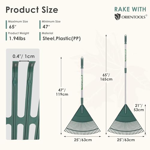 ORIENTOOLS Garden Leaf Rake, Adjustable Lightweight Steel Handle, Comfortable Grip Handle, Plastic Head,Poly Shrub Rake,26 Tines,110 to 168cm (Silver Handle)