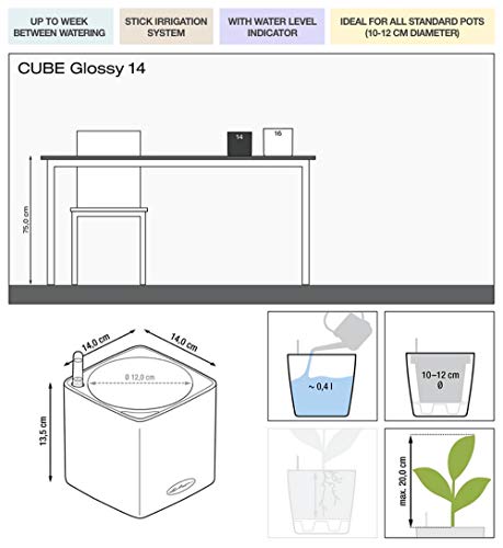 LECHUZA Self Watering Plant Pots Indoor CUBE Glossy 14 Small Plastic Planter without Drainage Hole H14 L14 W14 cm White High-Gloss