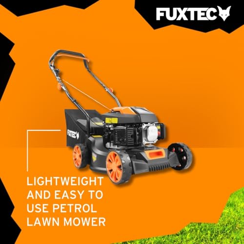 FUXTEC FX-RM4180 Petrol Lawnmower – Hand Push Lawn Mower -16" Cutting Width, Lightweight & Compact, 45L Grass Collector, Easy to Maneuver, Great for Small to Medium Lawns