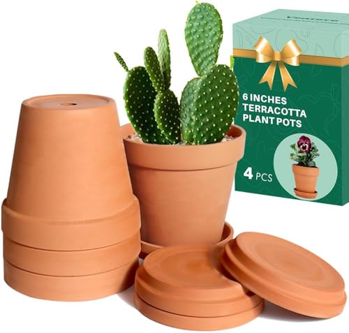 Vensovo 15cm Terracotta Plant Pots with Saucers – 4 Pack