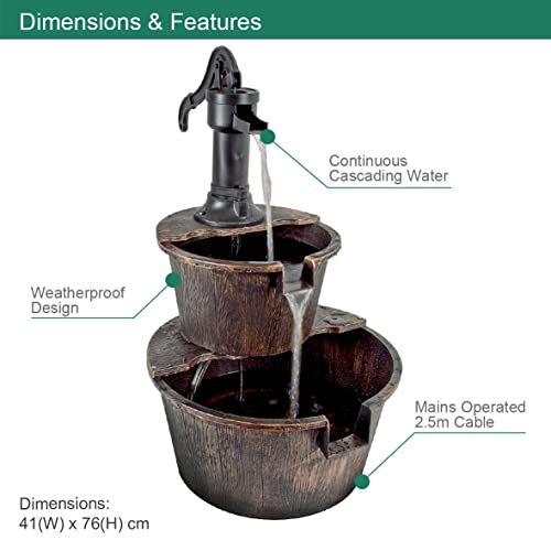 GardenKraft 20890 2-Tier Barrel Water Fountain With Pump/Traditional Rustic Wood Effect/Self Contained Water Pump / 67cm x 41cm