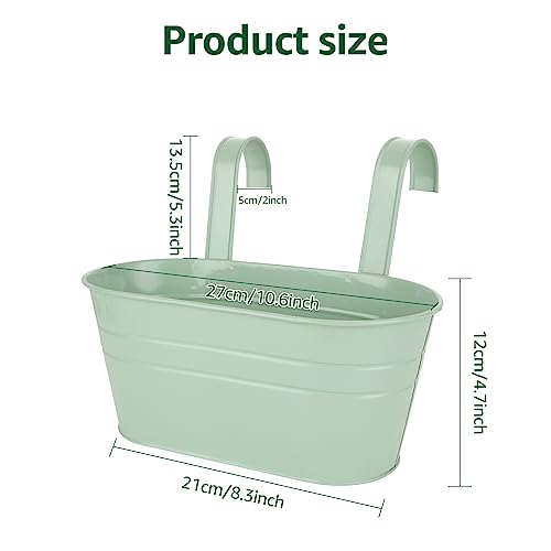 APACALI 4 PCS Metal Hanging Flower Pots, 27cm Over Fence Planters, Balcony Planters for Railing, Fence Hanging Planters with Detachable Hooks, Hanging Plant Pots Outdoor for Fence, Garden, Home, Green