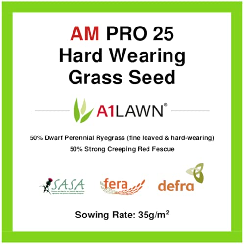 A1 Lawn - Hard Wearing Grass Seed, 5kg (140m2) - UK Resilient, Fast Growing, Fresh, Pet & Child Friendly - Ideal for Patch Repair, Over Seeding, New Lawns & Thickening. DEFRA Approved (AMPRO25)