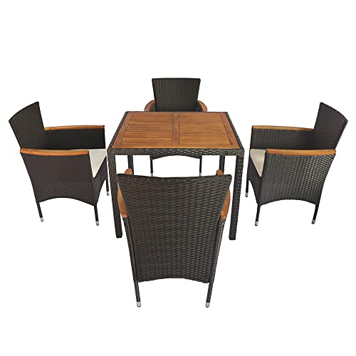 Panana 5 Piece Patio Rattan Dining Set, Wicker Garden Table and Stackable Chairs Set with Wood Table Top, Removable Cushions Balcony, Backyard, Poolside Outdoor
