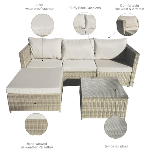 COZYBRITE Garden Corner Sofa Rattan Furniture Set 4 Seater Patio Outdoor Lounge Settee with Glass Coffee Table & Cover All-weather SFS066 (Mix Brown Rattan-Brown Cushion)
