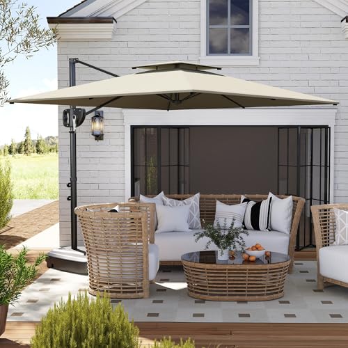 Outsunny 2.5m Garden Cantilever Parasol with Fillable Base, Up to 40kg, Double Top Garden Parasol, Square Overhanging Patio Umbrella with Crank Handle and Tilt for Outdoor Sun Shade, Light Grey