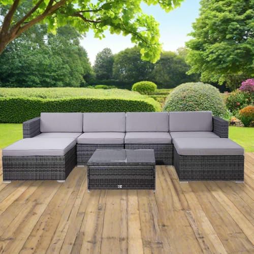 EVRE Nevada 6 Seater Outdoor Rattan Garden Furniture Set Wicker Weave Sofa Coffee Table Stool with Cushions For Patios Decks Conservatories Sectional Corner Conversation Piece (Grey)