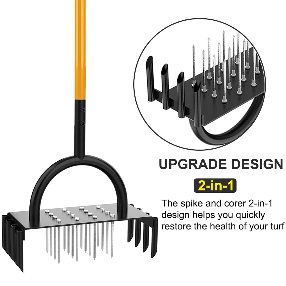 TWZ Manual Lawn Aerator, 2-in-1 Aerator with 16 Spikes& 8 Cores, 98cm Lightweight Grass Aerator Tools for Yard, Lawn Aeration, Garden Tool, Revives Lawn Health, L28xW12xH8cm Aeration Area