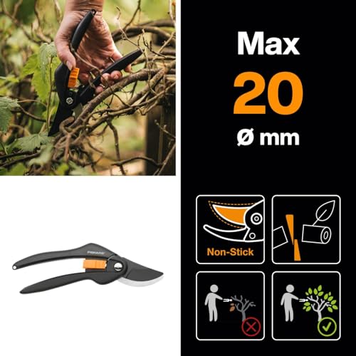 Fiskars SingleStep Pruner Bypass P26, Non-stick coating steel blades, Length: 20 cm, Cutting diameter: 2.2 cm, Black/Orange, SingleStep, 1000567