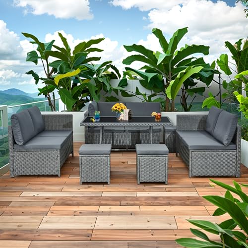 Aweather 9 seater Rattan Corner Sofa Set Rattan Garden Furniture Set All-Weather Patio Conversation Set with Modern Dinning Table and Washable Cushions (Gray)