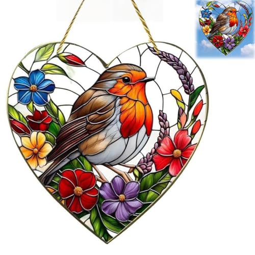 Large Heart-Shaped Robin Stained Glass Suncatcher