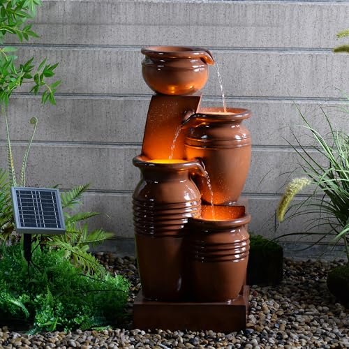 Teamson Home 28.7" 4-Tier Cascading Bowl Solar Powered Water Fountain for Outdoor Living Spaces, Terracotta