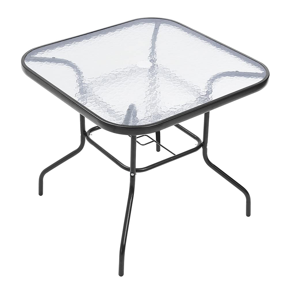 Panana 80cm Square Garden Dining Table with Parasol Hole, Outdoor Coffee Table with Tempered Glass Tabletop, Metal Frame for Backyard, Patio, Balcony