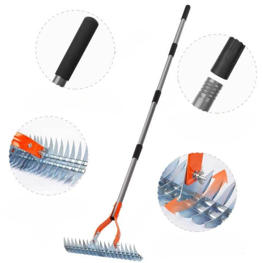 Lawn Thatch Rake with 19 Steel Tines, Manual Grass Scarifier with Adjustable Handle, Anti-Slip Grip, Stainless Steel