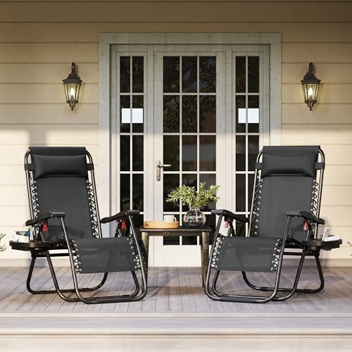 Yaheetech Zero Gravity Chairs Outdoor Adjustable Folding Sunloungers Lounge Recliners w/Pillows, Cup Holder and Carry Strap for Patio Porch Deck Black Set of 2