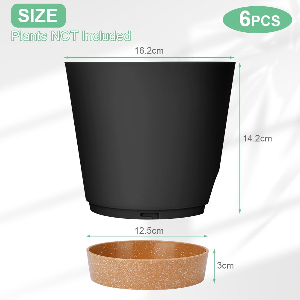 OFFCUP Plant Pots, 6pcs Plastic Plant Pots, 16.5cm Self Watering Plant Pots with Drainage Holes, Saucers and Reservoir, Suitable for Plants Indoor Modern Fashion Decorative Plastic Plant Pots (Black)