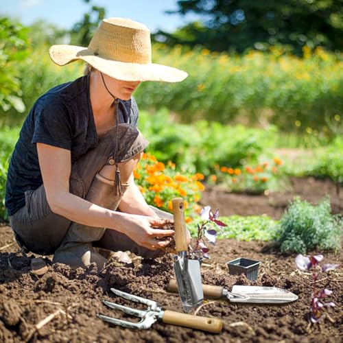 Garden Tool Set with Wood Handle, Aluminum Graduated Shovel, Hand Fork, Transplant Shovel with Scale, 3Pcs Heavy Duty Hand Tools Set for Garden Planting