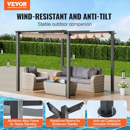 VEVOR 10'x10' Outdoor Retractable Pergola with Canopy, Aluminum Pergola with Retractable Canopy, Modern Style, Sun Shade for Patios, Gardens, Decks, Backyards (Beige)