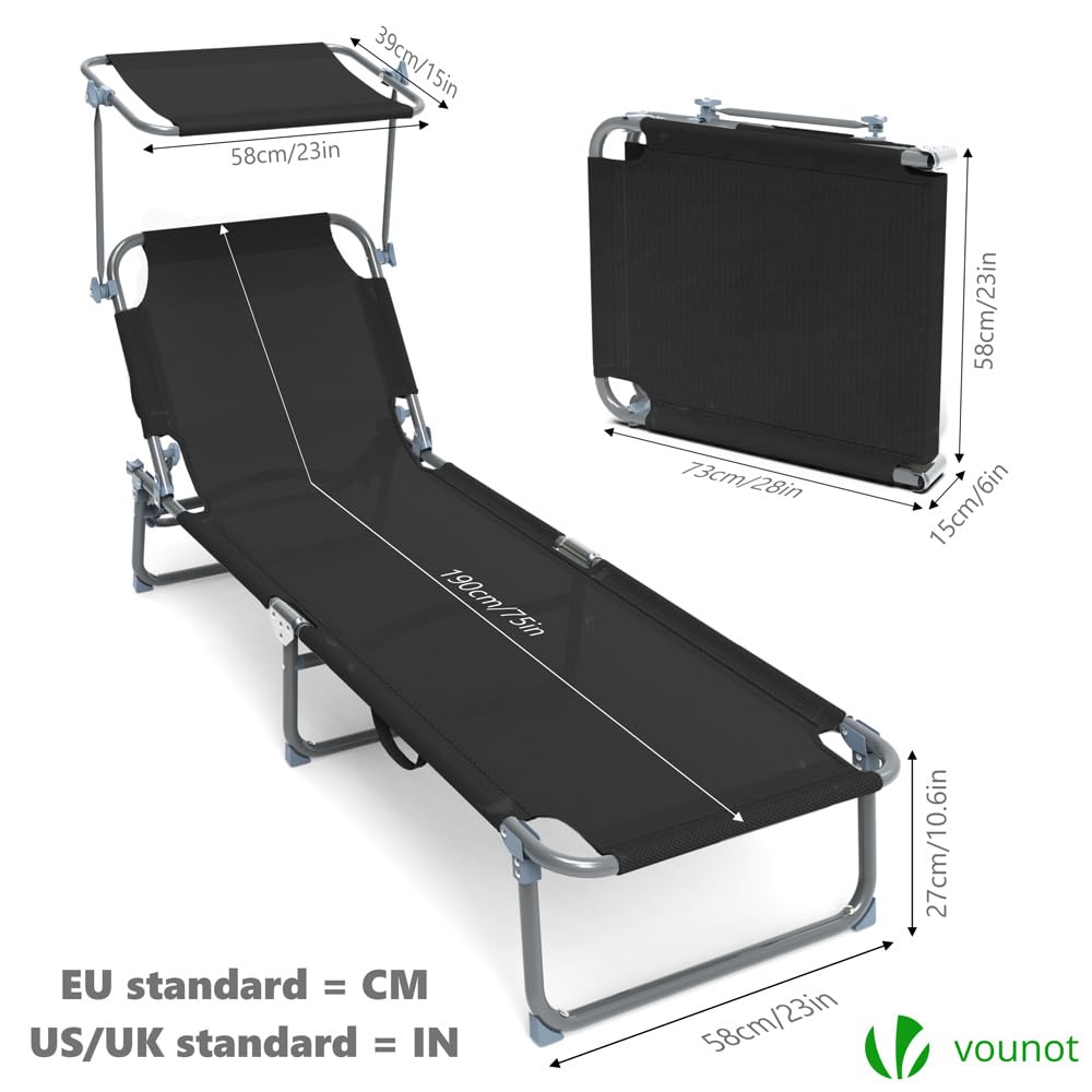 VOUNOT® Folding Sun Loungers Set of 2, Textilene Reclining Sunbed with Adjustable Backrest & Sunshade for Garden, Beach, Patio, Pool, Camp, Load 110 kg, Black