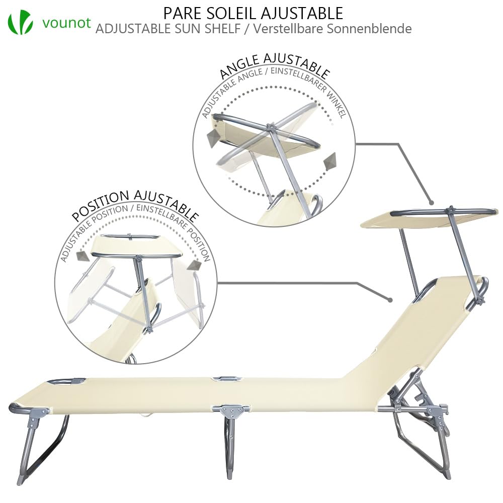 VOUNOT® Folding Sun Loungers Set of 2, Sunbed with Adjustable Backrest & Sunshade for Garden, Beach, Patio, Pool, Camp, Load 110 kg, Beige