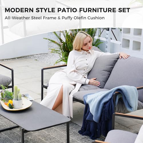 Grand patio Garden Furniture Set 4 Piece, Outdoor Patio Conversation Sofa Set with Cushion, Modern Metal Couch Loveseat Chairs and Coffee Table for Porch Balcony Backyard Living Room (Grey)