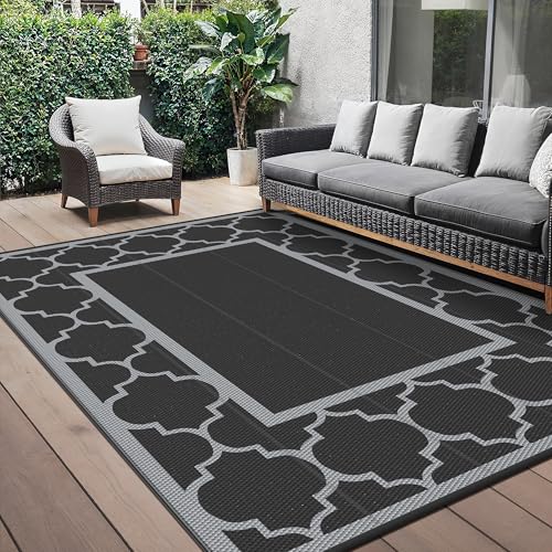 GENIMO Outdoor Rug Garden Rugs Waterproof Reversible Plastic Carpet, Washable Large Outdoor Rug for RV, Patio, Camping, Picnic, Deck, Camper, 180x275cm, Black & Grey