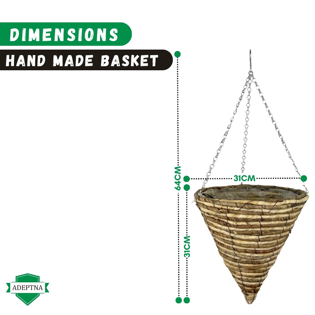 ADEPTNA Set of 2 Cone Garden Hanging Baskets 12 Inches - Natural Basket Hanging Plants Wall Flower Planter Pot with Detachable Hanging Chain for Home Garden Decoration (ROPE BASKETS)