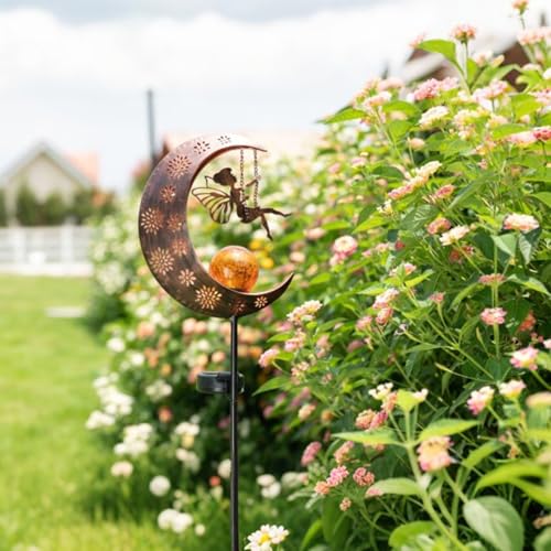 TERESA'S COLLECTIONS Fairy Garden Ornaments Outdoor, Large Fairy Swinging on the Moon Solar Lights for Garden Gifts, Solar Stake Lights with Crackle Glass Ball for Lawn Yard, Garden Path, 39inch