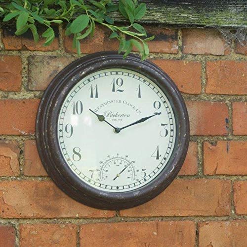 Bickerton Wall Clock and Thermometer, Classic Outdoor/Indoor Design with Large 12 Inch Face. Suitable for Garden, Kitchen, Bathroom and More