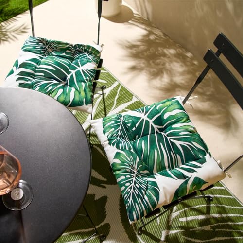 OHS Outdoor Seat Pads Tropical Leaf, Water Resistant Garden Seat Pads for Outdoor Furniture Bistro Chairs Comfy Soft Outdoor Patio Chair Cushions, Pack of 2 Green/White