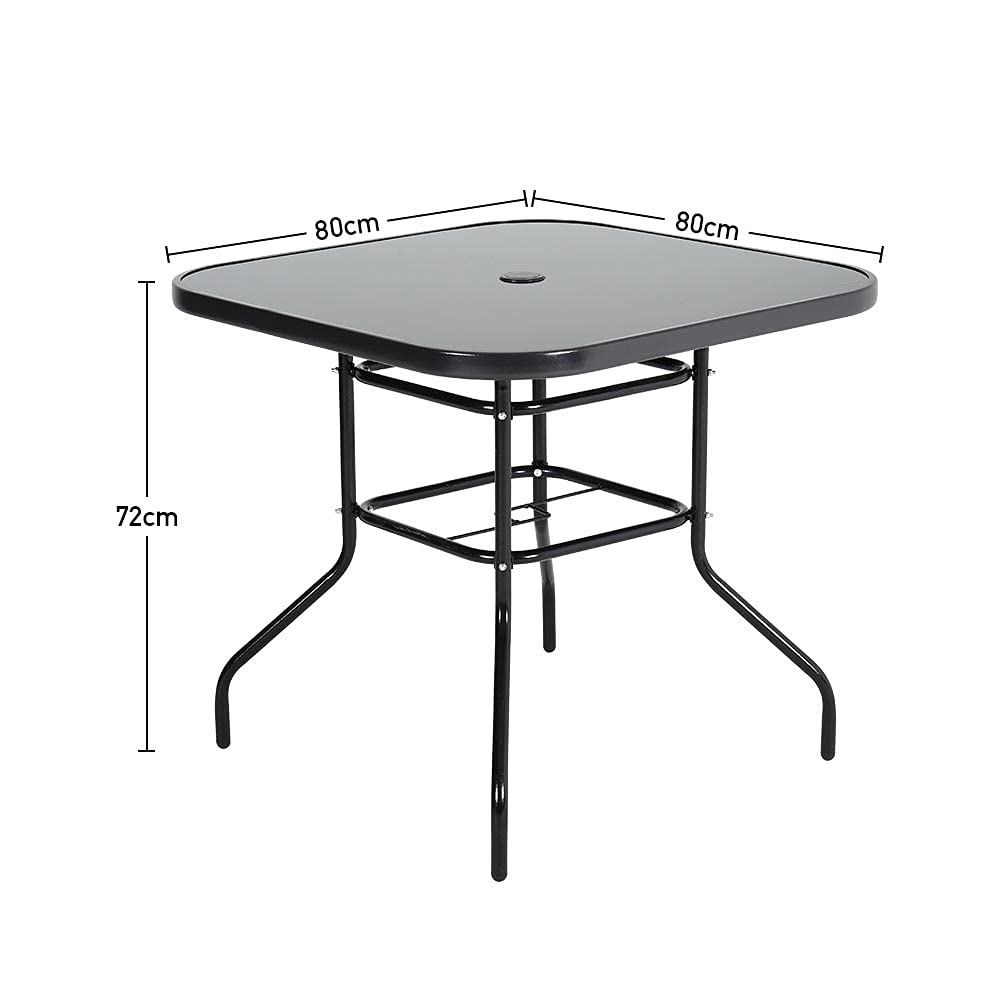 The Fellie Garden Table Outdoor Dining Table Tempered Glass Top Coffee Table Patio Table with Parasol Hole (Square-80 x 80 x 72cm)
