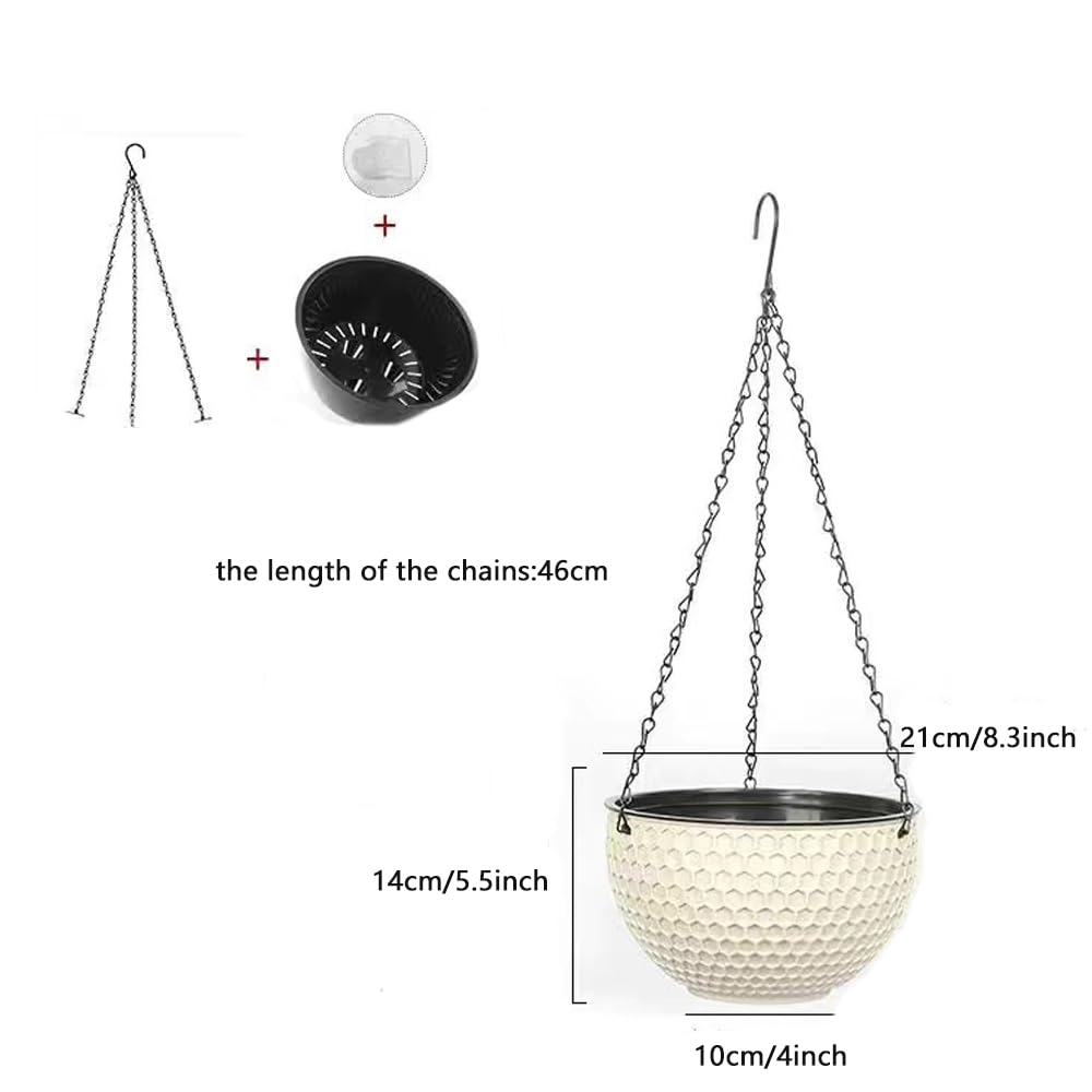 8.3inch Large Hanging Planters Plant Pots - Self-watering Hanging Baskets Set of 3 Flower Pot with Drainage Hole Chain for Home Garden Deco (Beige)
