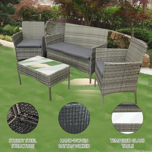 COZYBRITE Rattan Garden Furniture Sofa Set with Cover Coffee Table Chairs 4 Seater for Outdoor Patio Balcony 6210-B (Mixed Grey-Dark Grey Cushions)