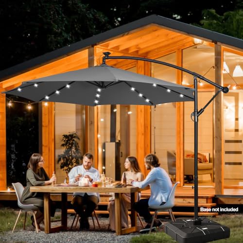 Panana 3M Garden Cantilever Parasol with 24 Solar Powered LED Lights Outdoor Banana Hanging Umbrella with Crank Mechanism Sun Shade Canopy for Poolside, Deck, Patio and Balcony Dark Grey