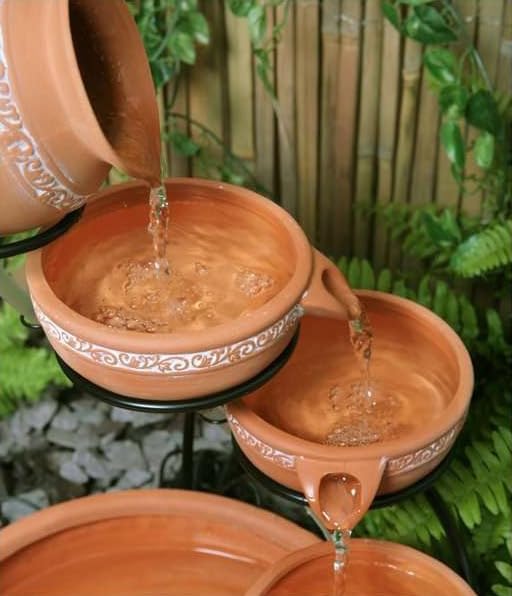 Primrose 55cm Inlaid Terracotta Solar Powered Jug & Dish Water Feature Cascade with Battery Backup and LED Lights