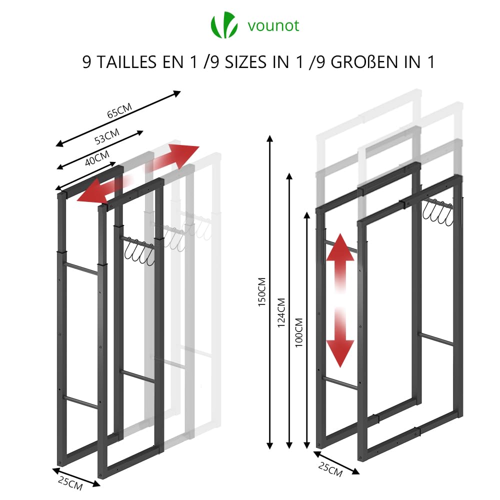 VOUNOT Firewood Log Rack, Retractable Metal Log Store Holder for Outdoor or Indoor, 9 Adjustable Sizes, Maximum dimension 65 x 25 x 150 cm, Black
