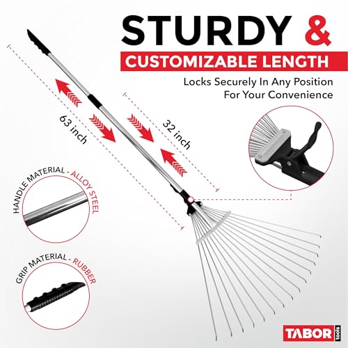 TABOR TOOLS J16E Telescopic Metal Rake, 160 cm long, Adjustable Folding Leaves Rake for Quick Clean Up of Lawn and Yard, Garden Leaf Rake, Expanding Handle with Adjustable 20-58cm Folding Head