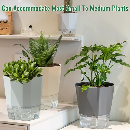Olrla Self Watering Planter Pots 17cm, Set of 4 plastic planter with Drainage Hole and Deep Reservoir for indoor and outdoor flowers plants planting, 4 colors