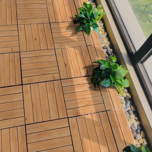 Yaheetech 27 Pcs Composite Decking Tiles Flooring Tiles Interlocking Fir Wood Deck Tiles Indoor & Outdoor for Patio Garden Poolside 30×30cm- Natural Wood