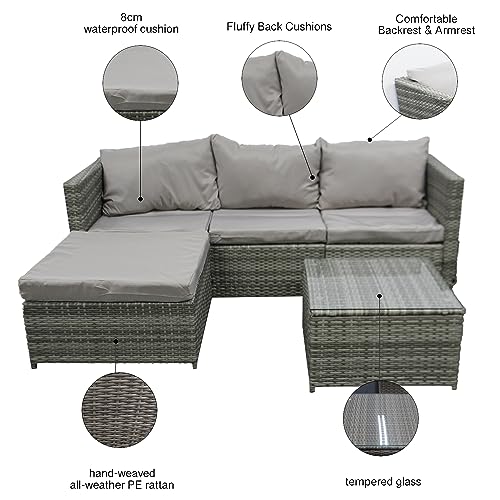 COZYBRITE Garden Corner Sofa Rattan Furniture Set 4 Seater Patio Outdoor Lounge Settee with Glass Coffee Table & Cover All-weather SFS066 (Mix Grey Rattan-Grey Cushion)