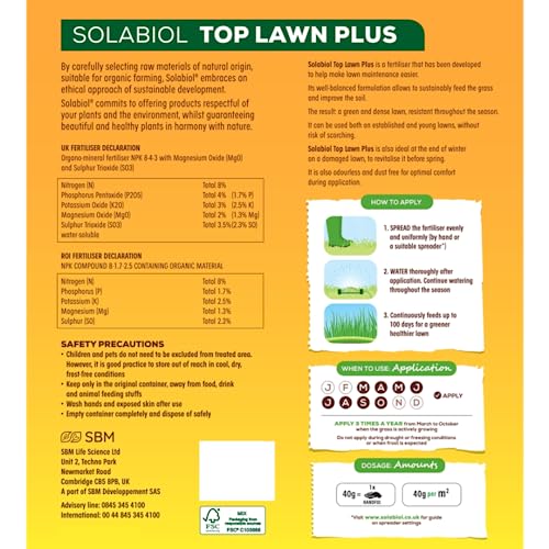 Solabiol Toplawn Plus, 15kg - Natural Fertiliser - Improves Soil Nutrients - Organic Approved - New & Existing Lawns