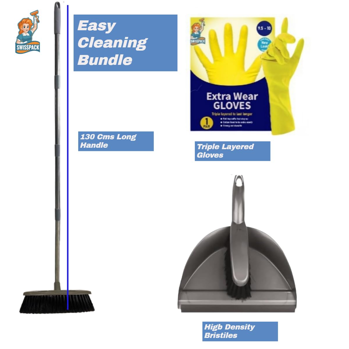 SWISSPACK Broom Indoor Sweeping Broom Brush with Long Handle, Kitchen Broom Indoor Floor Brush with Dense Soft Bristles Brooms Perfect for Sweeping Room Office Kitchen Ideal for Any Floors